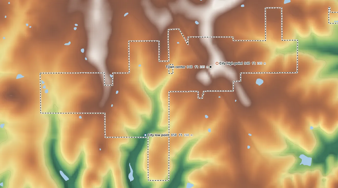 Topographic elevation map of Fontana, Kansas, shaded from 850 ft on the southwest side to 940 ft near the middle