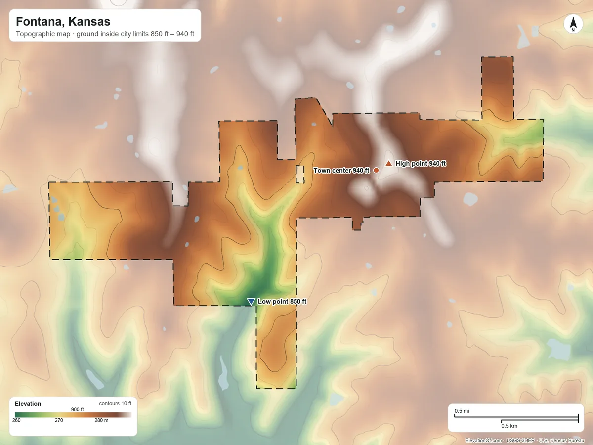 Topographic elevation map of Fontana, Kansas, shaded from 850 ft on the southwest side to 940 ft near the middle