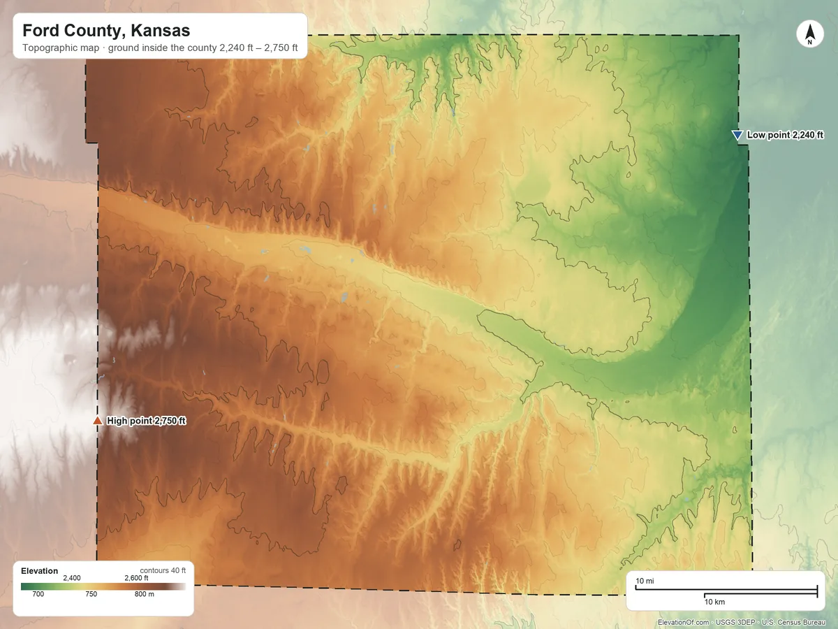 Topographic elevation map of Ford County, Kansas, shaded from 2,240 ft on the northeast side to 2,750 ft on the west side