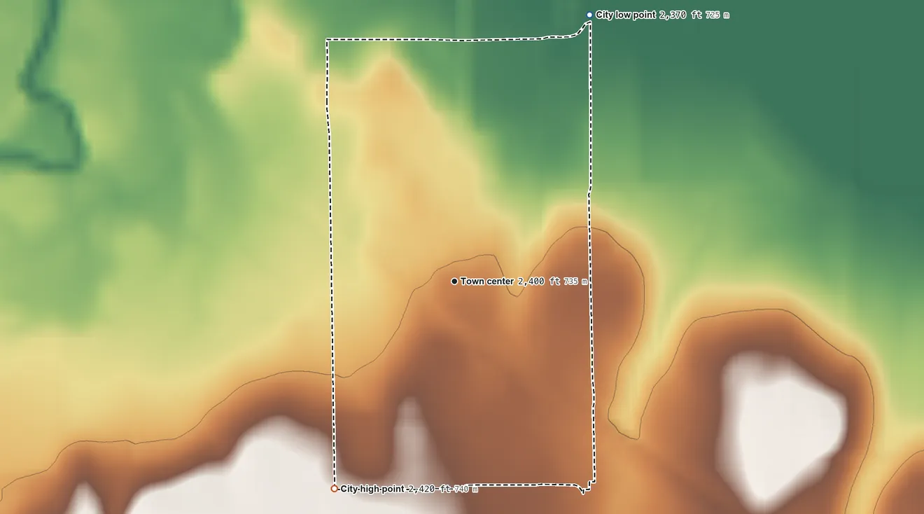 Topographic elevation map of Ford, Kansas, shaded from 2,370 ft on the northeast side to 2,420 ft on the southwest side