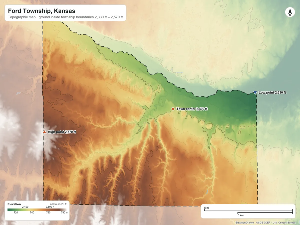 Topographic elevation map of Ford Township, Kansas, shaded from 2,330 ft on the east side to 2,570 ft on the west side