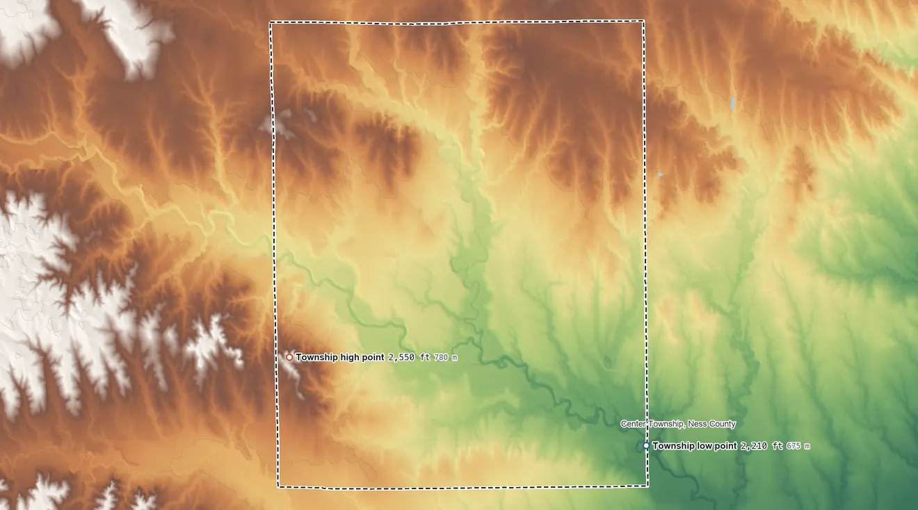 Topographic elevation map of Forrester Township, Kansas, shaded from 2,210 ft on the southeast side to 2,550 ft on the west side