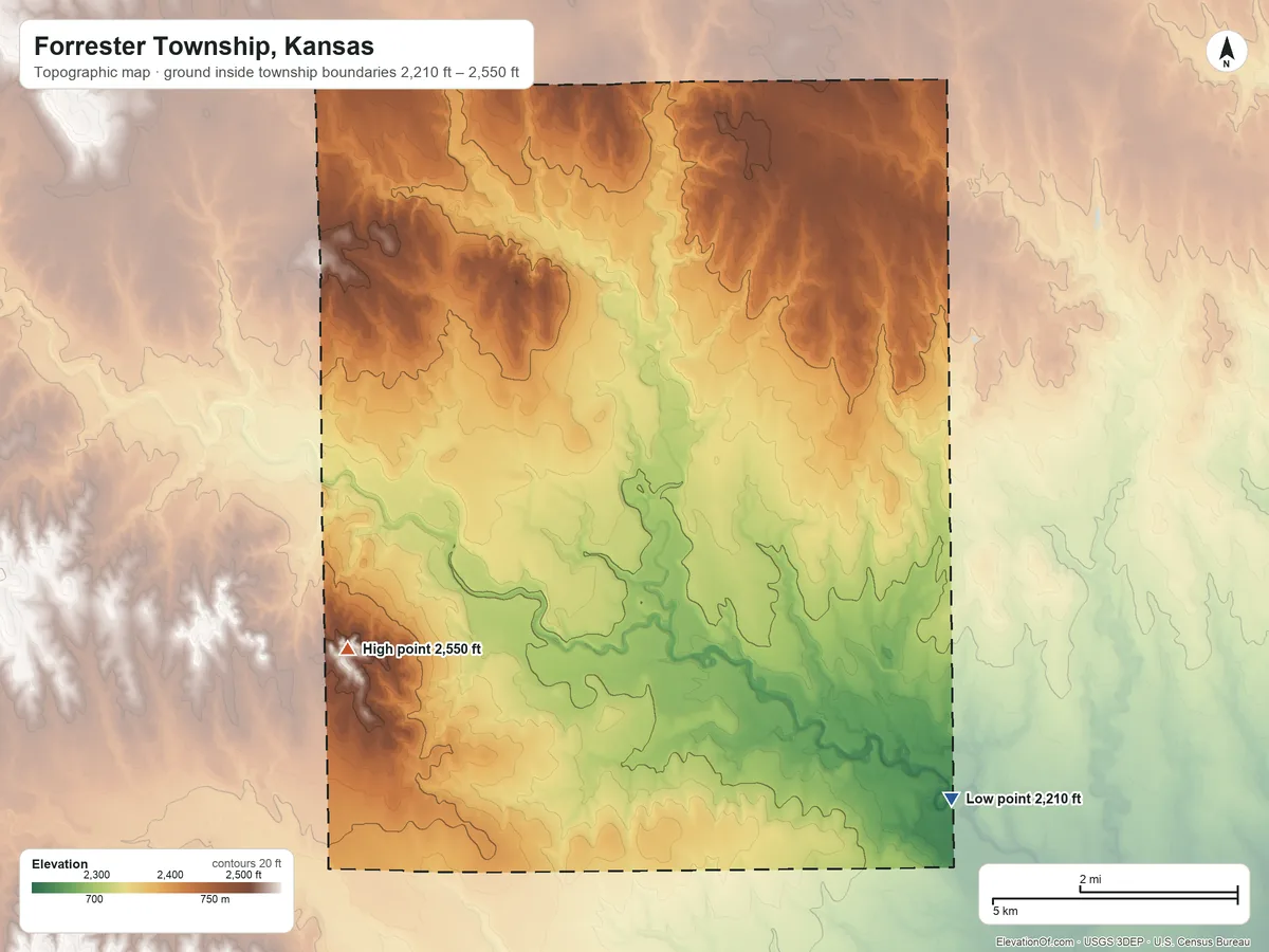 Topographic elevation map of Forrester Township, Kansas, shaded from 2,210 ft on the southeast side to 2,550 ft on the west side