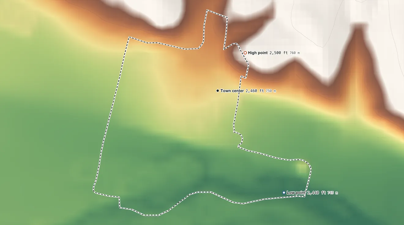 Topographic elevation map of Fort Dodge, Kansas, shaded from 2,440 ft on the southeast side to 2,500 ft on the northeast side