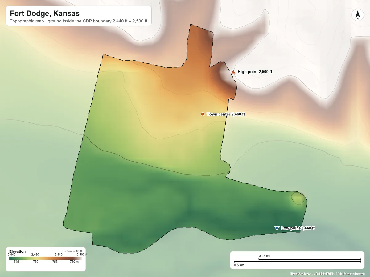 Topographic elevation map of Fort Dodge, Kansas, shaded from 2,440 ft on the southeast side to 2,500 ft on the northeast side