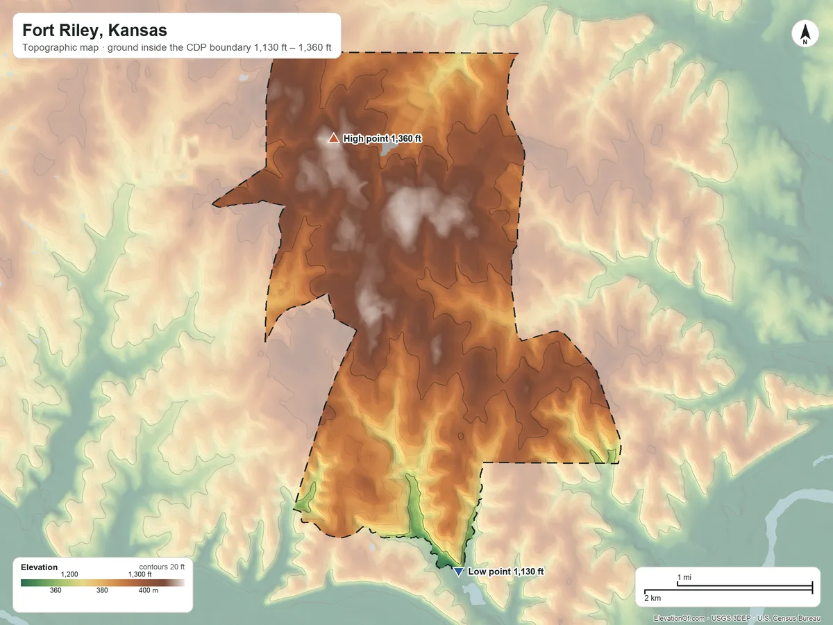 Topographic elevation map of Fort Riley, Kansas, shaded from 1,130 ft on the south side to 1,360 ft on the north side