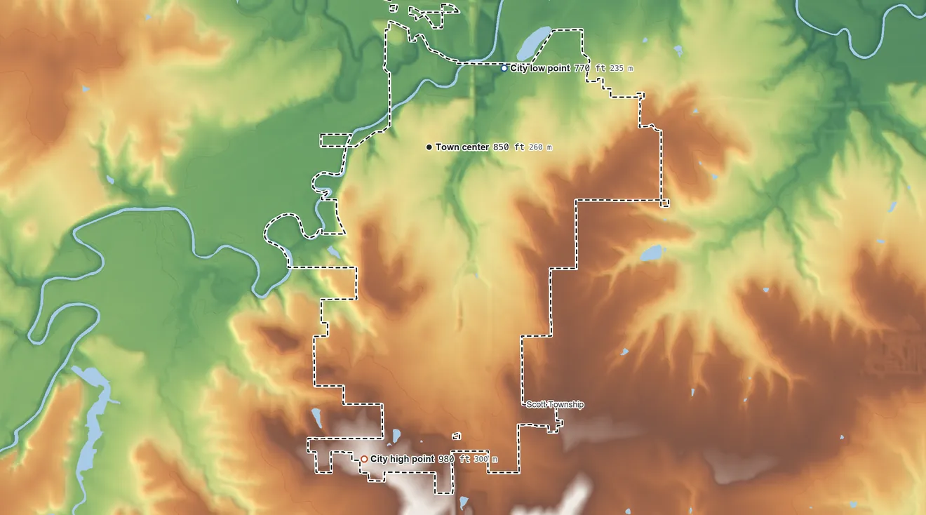 Topographic elevation map of Fort Scott, Kansas, shaded from 770 ft on the northeast side to 980 ft on the south side