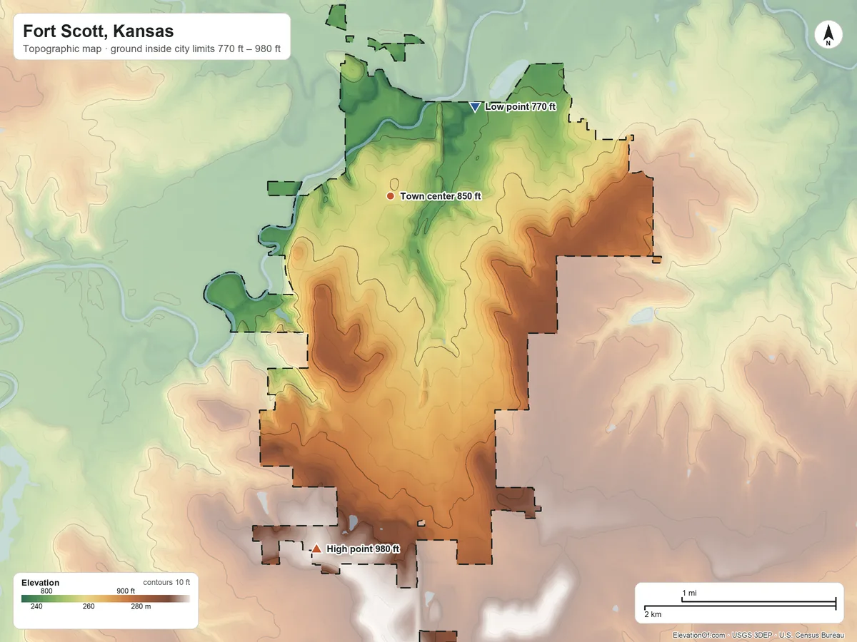 Topographic elevation map of Fort Scott, Kansas, shaded from 770 ft on the northeast side to 980 ft on the south side