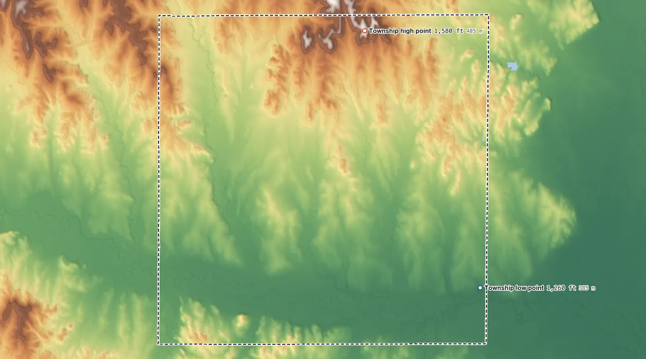 Topographic elevation map of Fountain Township, Kansas, shaded from 1,260 ft on the east side to 1,580 ft on the north side