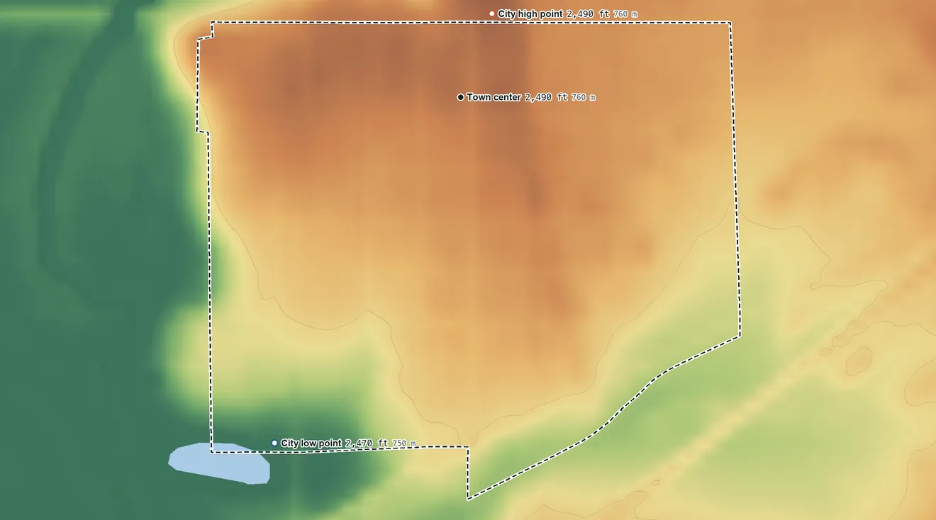 Topographic elevation map of Fowler, Kansas, shaded from 2,470 ft on the southwest side to 2,490 ft on the north side