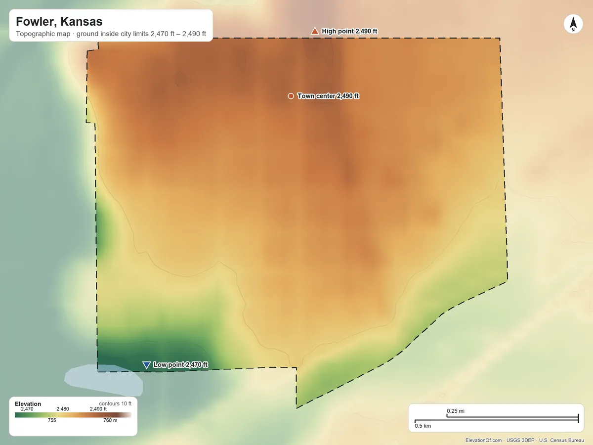 Topographic elevation map of Fowler, Kansas, shaded from 2,470 ft on the southwest side to 2,490 ft on the north side