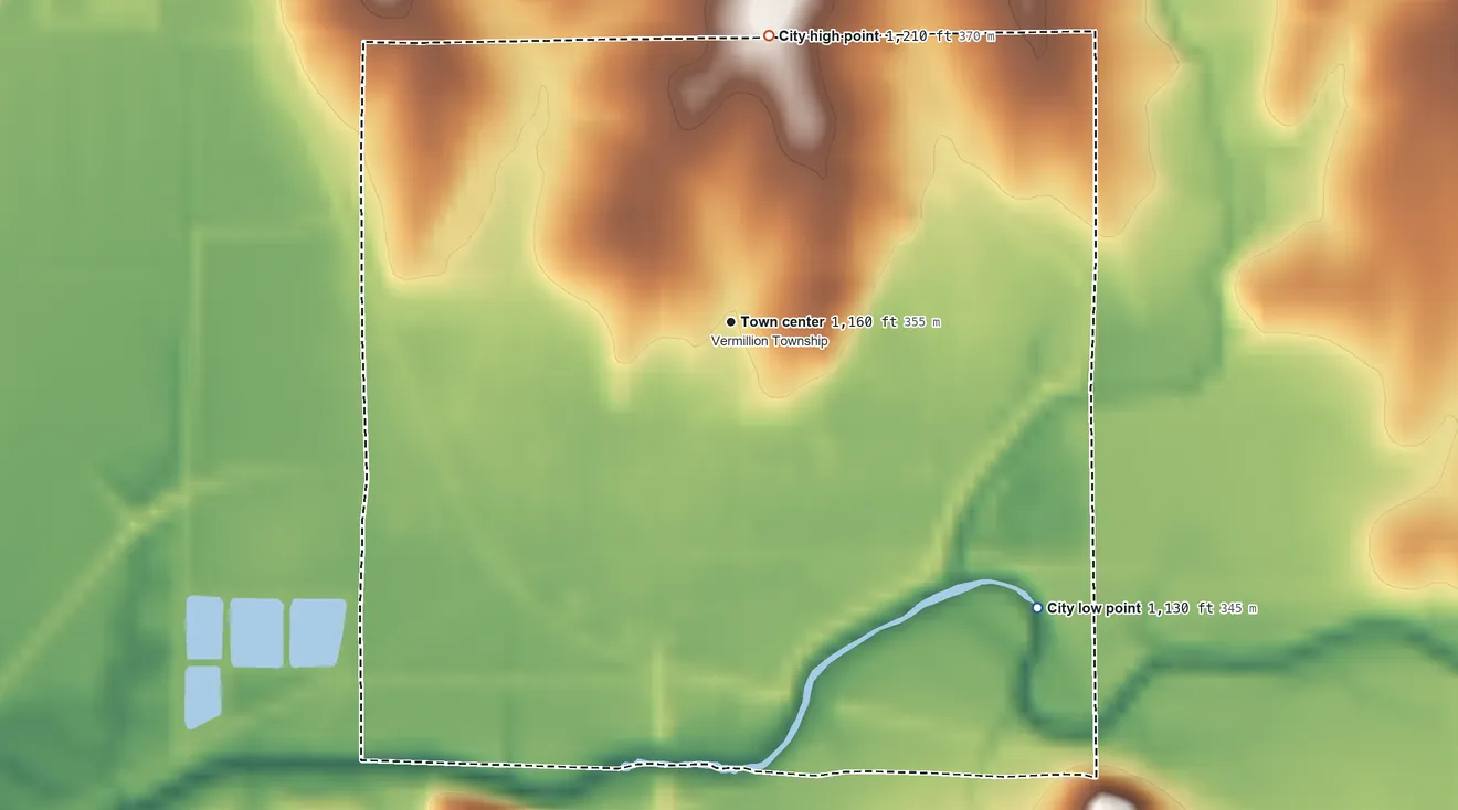 Topographic elevation map of Frankfort, Kansas, shaded from 1,130 ft on the southeast side to 1,210 ft on the north side
