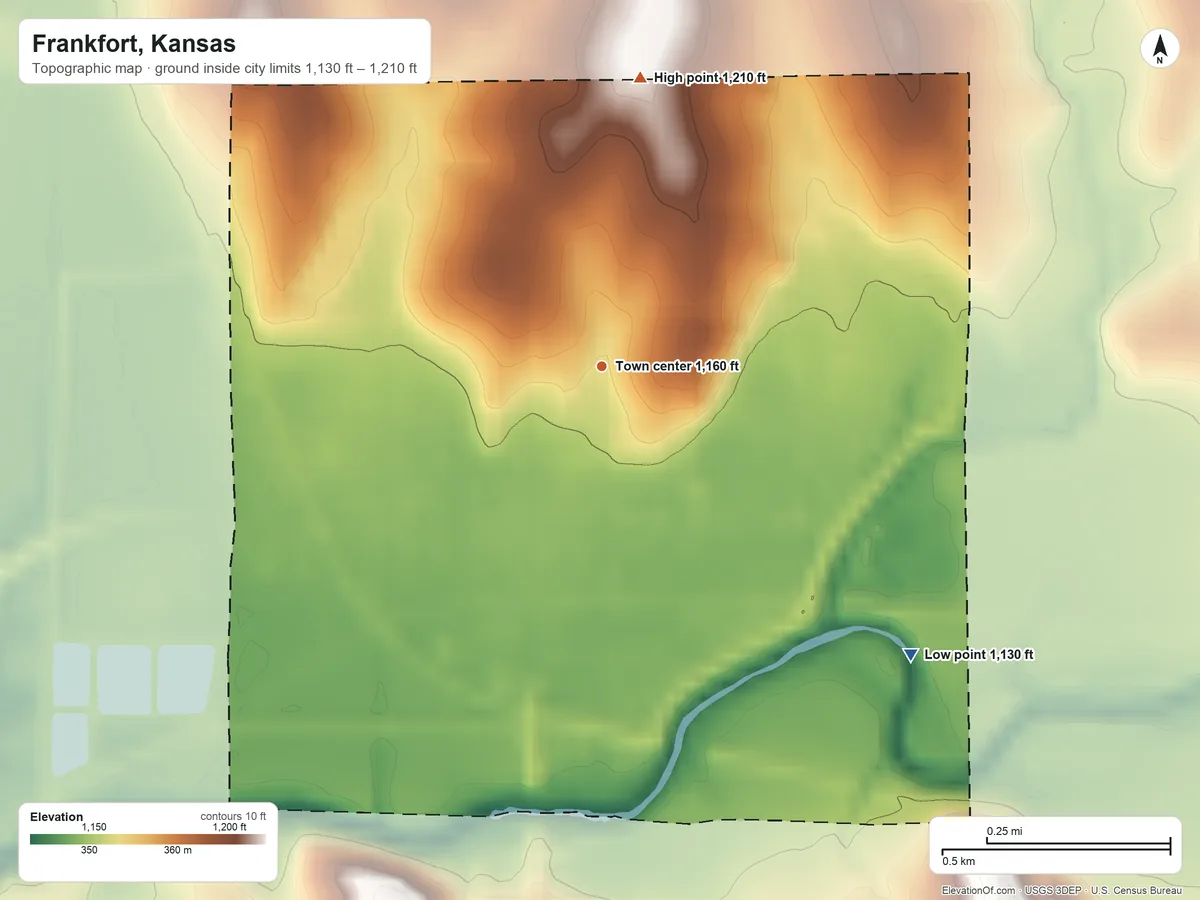 Topographic elevation map of Frankfort, Kansas, shaded from 1,130 ft on the southeast side to 1,210 ft on the north side