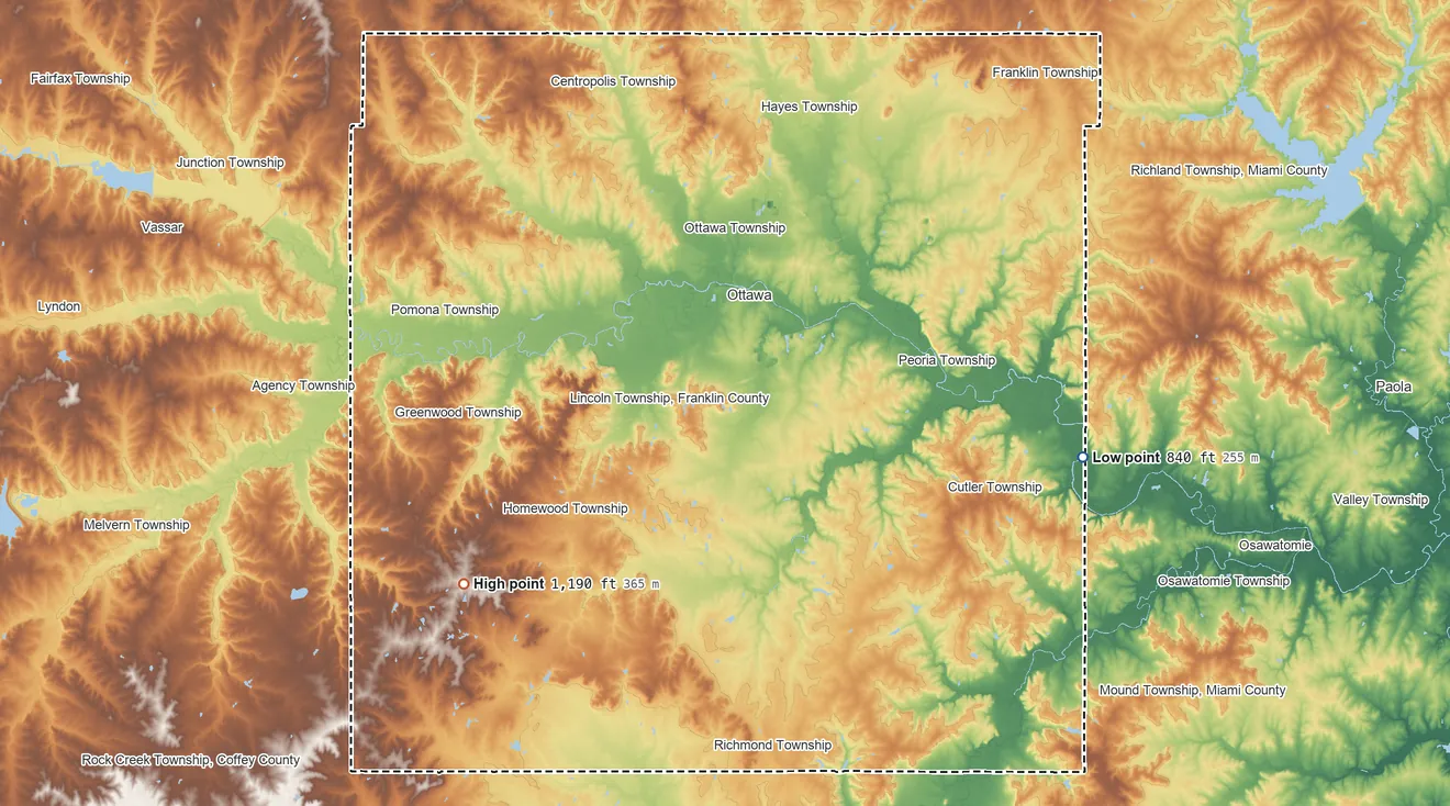Topographic elevation map of Franklin County, Kansas, shaded from 840 ft on the east side to 1,190 ft on the southwest side