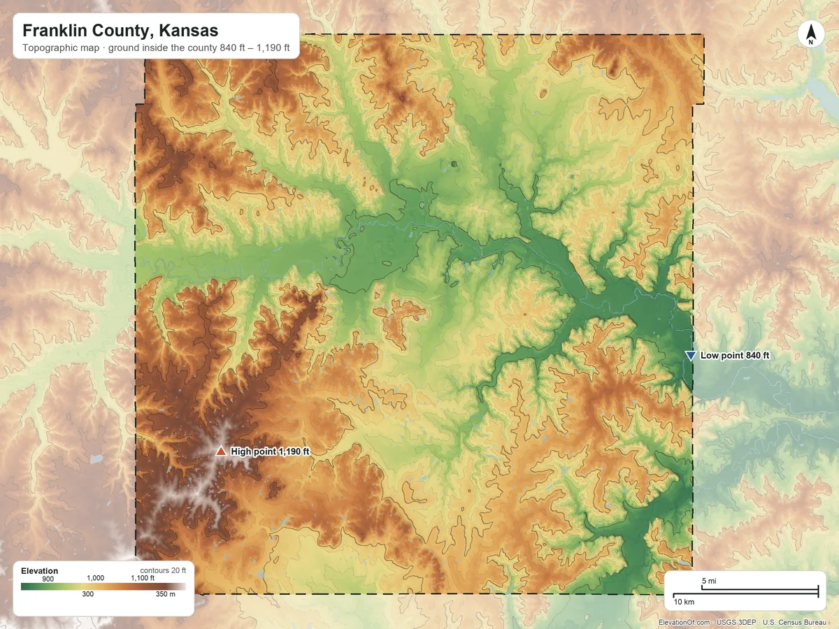 Topographic elevation map of Franklin County, Kansas, shaded from 840 ft on the east side to 1,190 ft on the southwest side