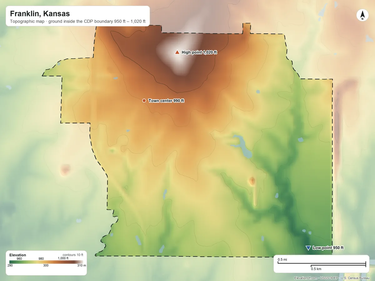 Topographic elevation map of Franklin, Kansas, shaded from 950 ft on the southeast side to 1,020 ft on the northeast side