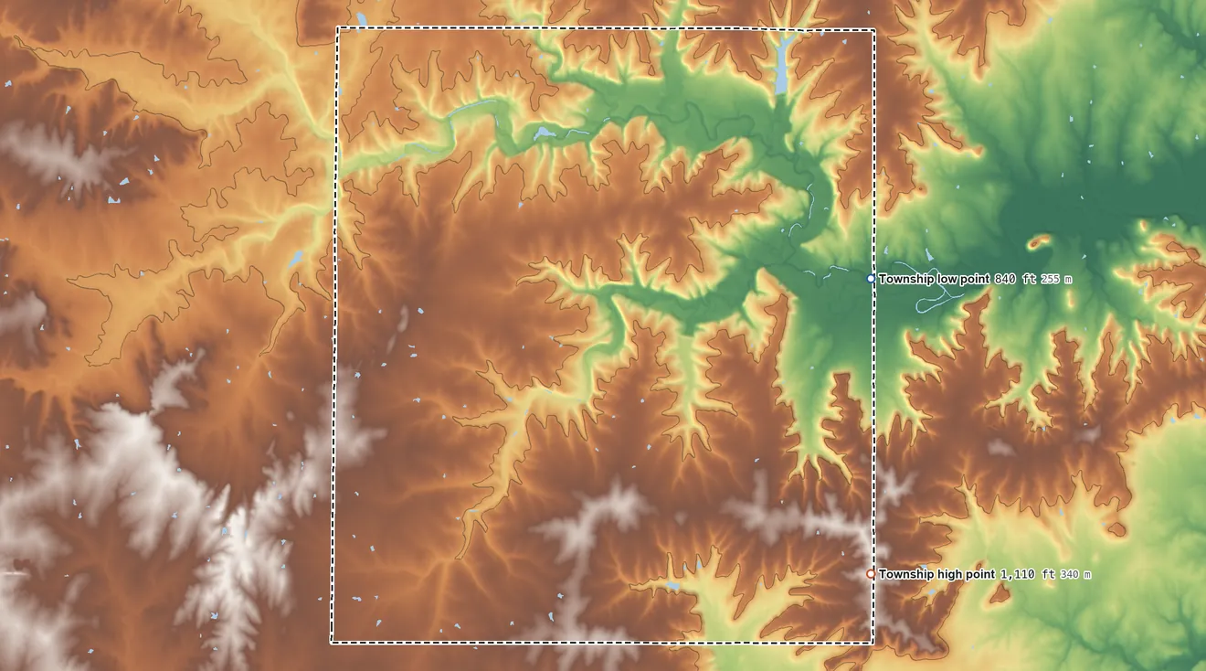Topographic elevation map of Franklin Township, Bourbon County, Kansas, shaded from 840 ft on the east side to 1,110 ft on the southeast side
