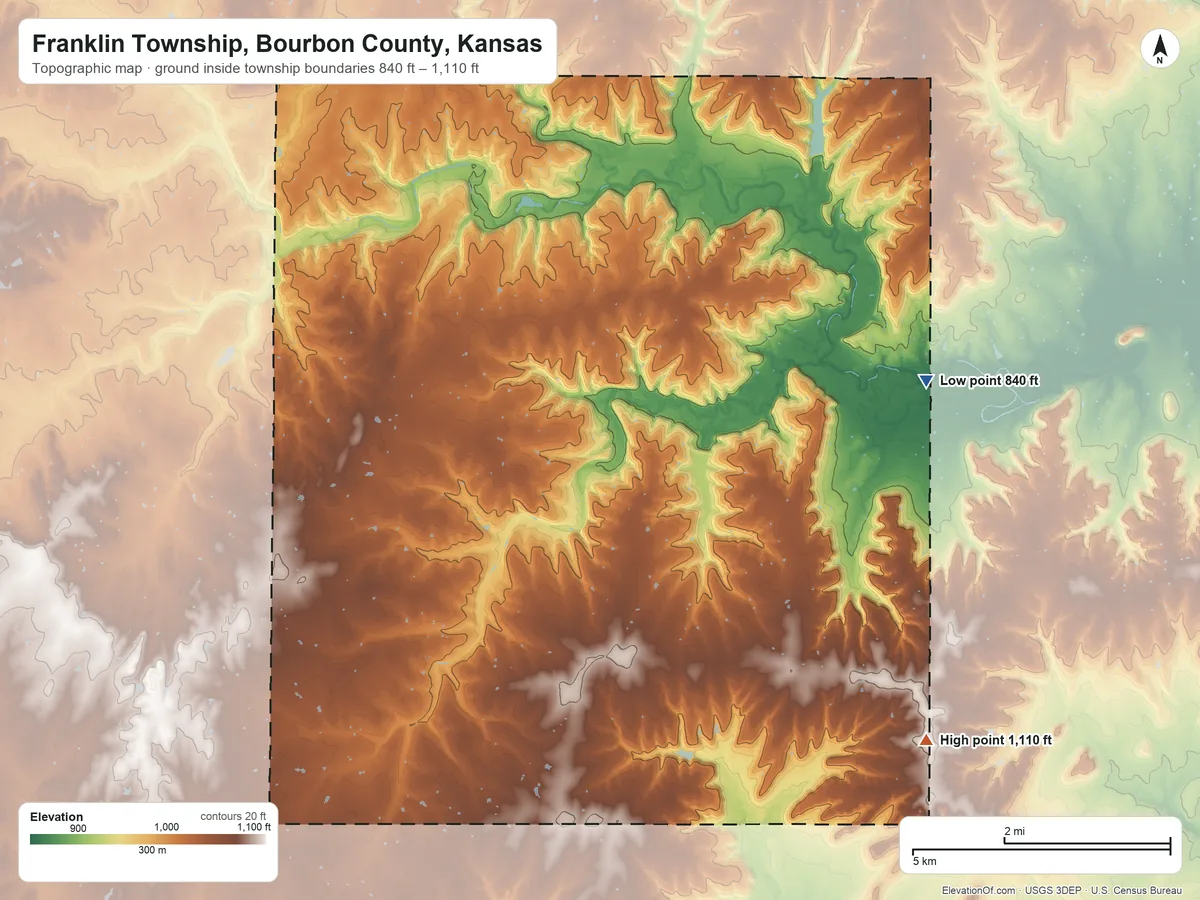Topographic elevation map of Franklin Township, Bourbon County, Kansas, shaded from 840 ft on the east side to 1,110 ft on the southeast side