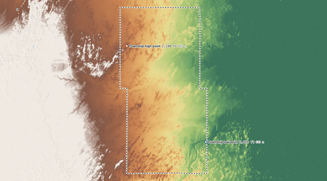 Topographic elevation map of Franklin Township, Edwards County, Kansas, shaded from 2,080 ft on the southeast side to 2,180 ft on the northwest side