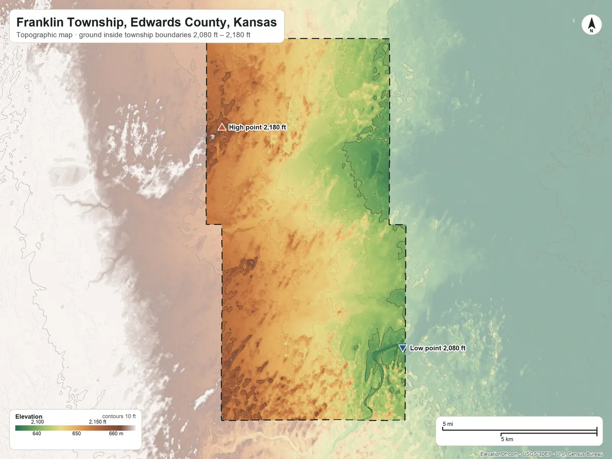 Topographic elevation map of Franklin Township, Edwards County, Kansas, shaded from 2,080 ft on the southeast side to 2,180 ft on the northwest side