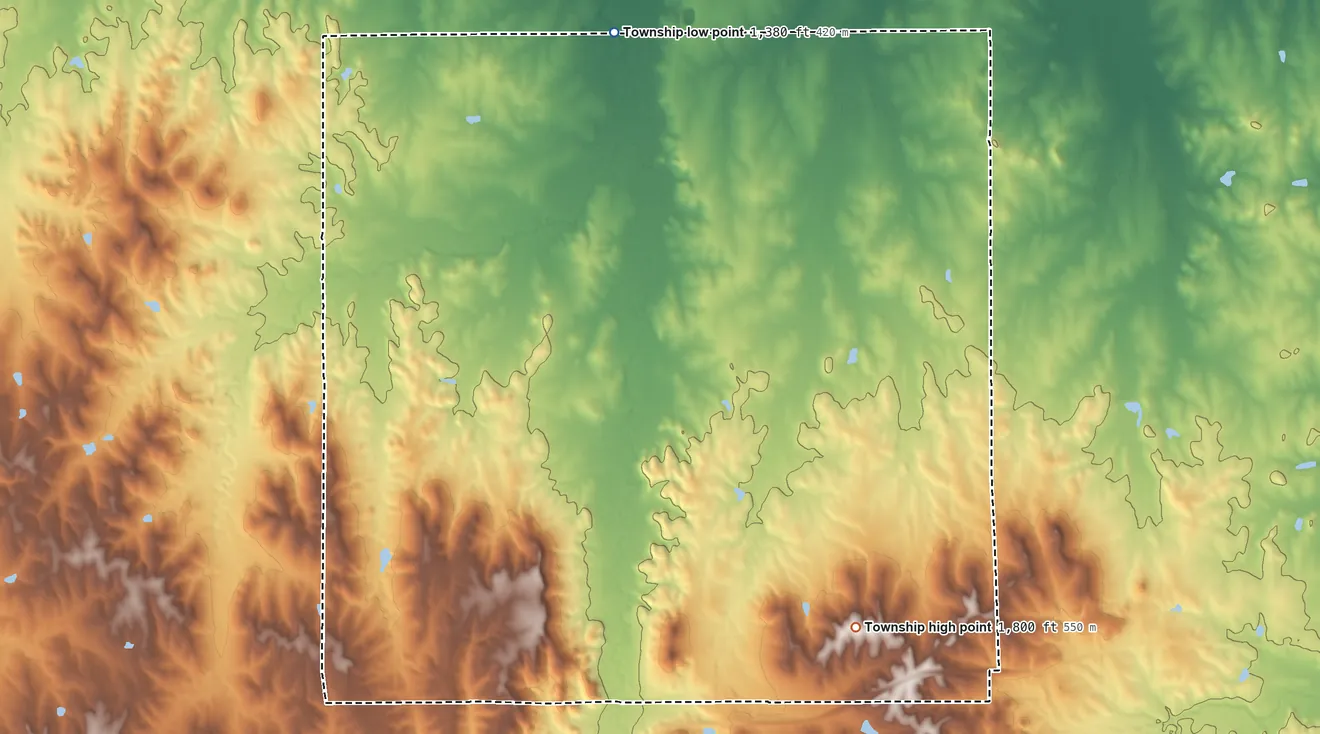 Topographic elevation map of Franklin Township, Lincoln County, Kansas, shaded from 1,380 ft on the north side to 1,800 ft on the southeast side