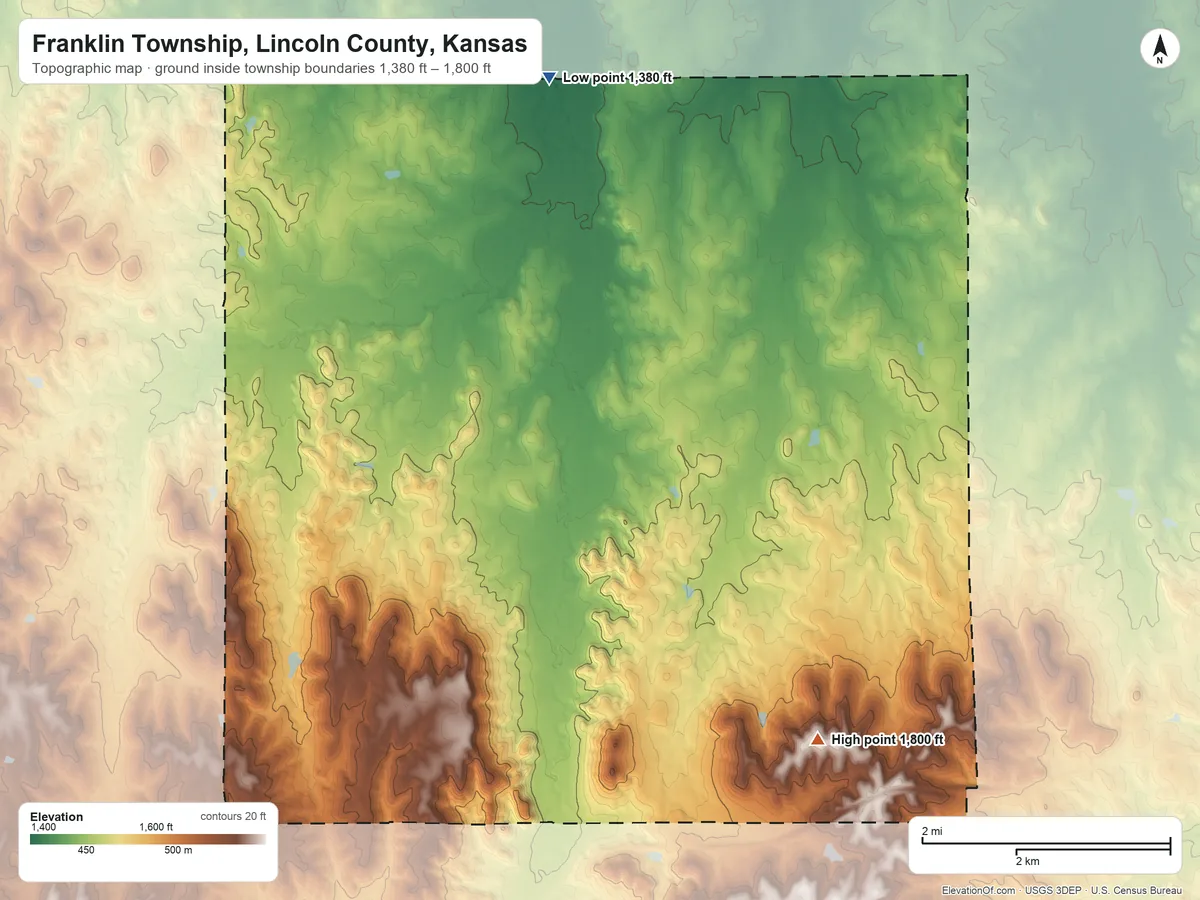 Topographic elevation map of Franklin Township, Lincoln County, Kansas, shaded from 1,380 ft on the north side to 1,800 ft on the southeast side