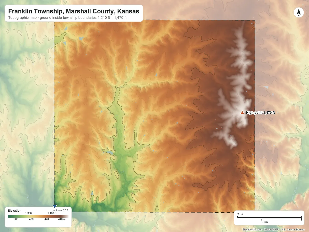 Topographic elevation map of Franklin Township, Marshall County, Kansas, shaded from 1,210 ft on the southwest side to 1,470 ft on the northeast side