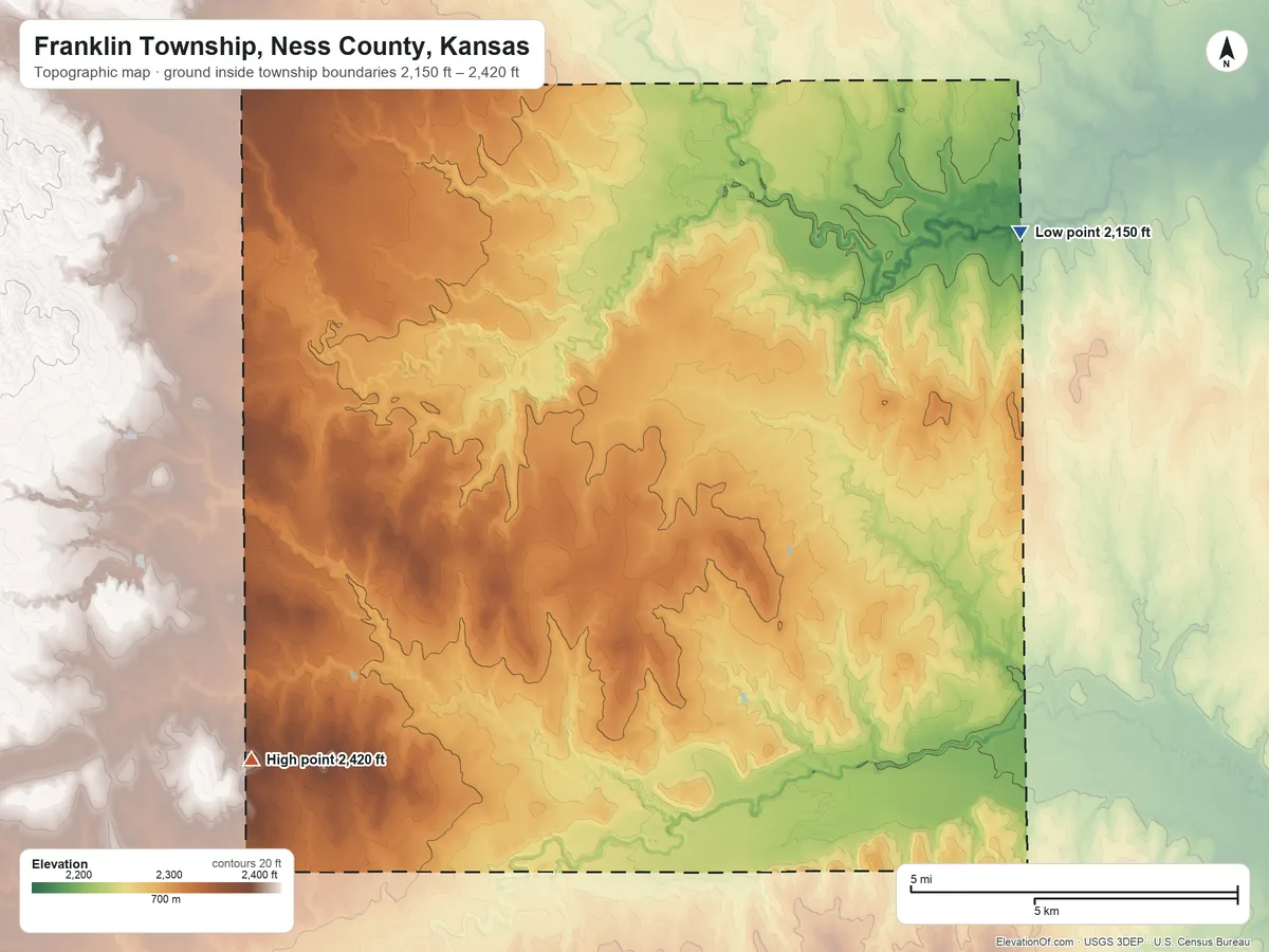 Topographic elevation map of Franklin Township, Ness County, Kansas, shaded from 2,150 ft on the northeast side to 2,420 ft on the southwest side