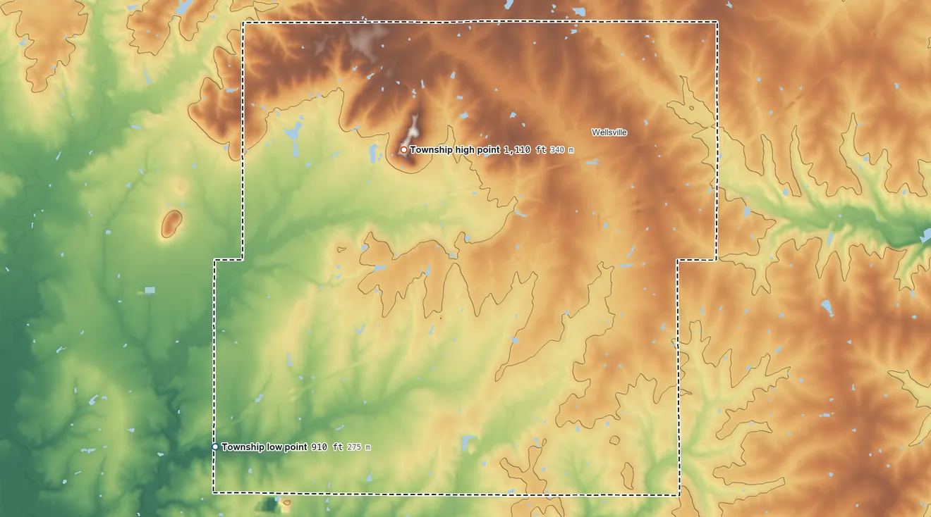 Topographic elevation map of Franklin Township, Kansas, shaded from 910 ft on the southwest side to 1,110 ft on the west side