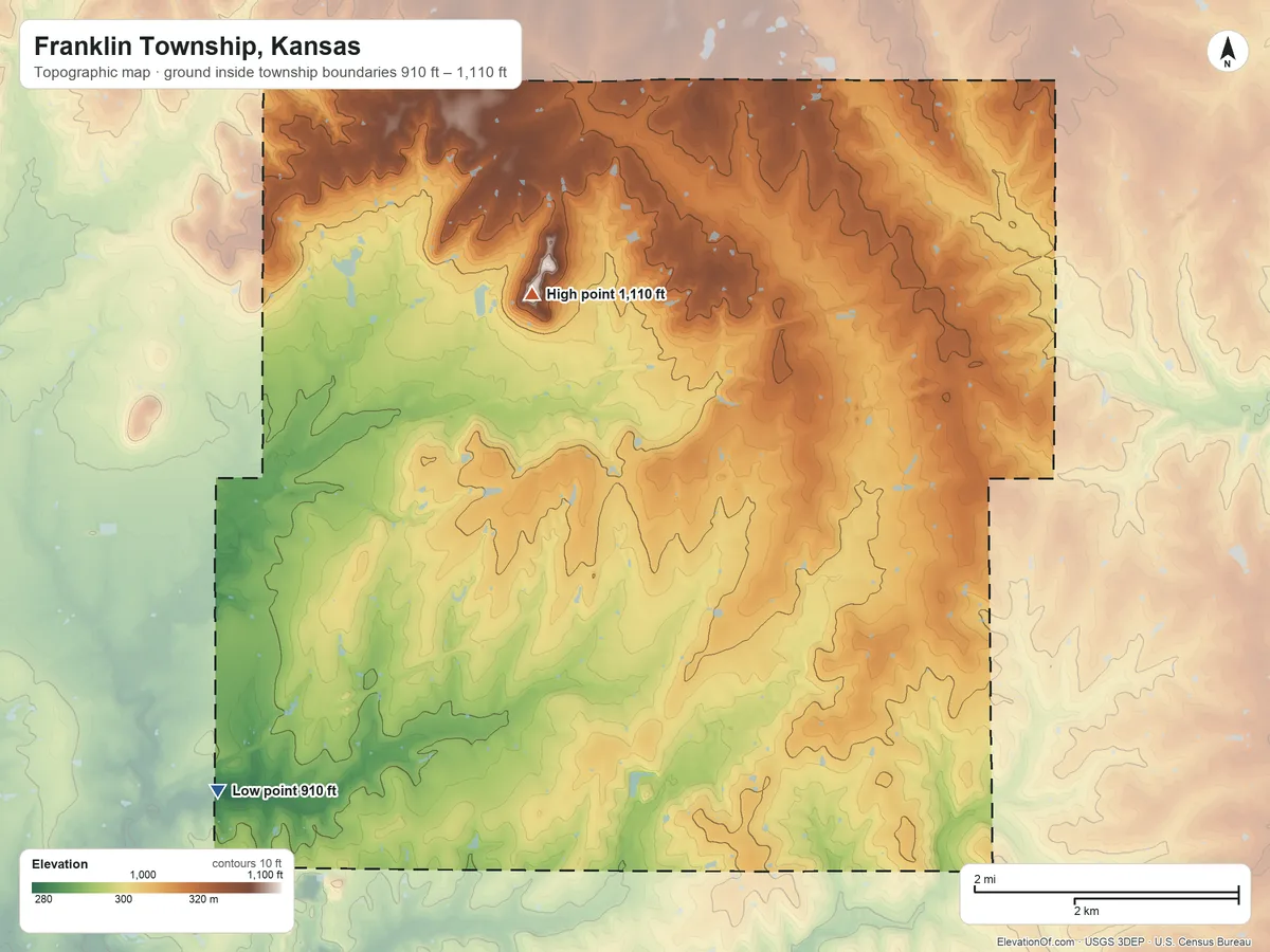 Topographic elevation map of Franklin Township, Kansas, shaded from 910 ft on the southwest side to 1,110 ft on the west side