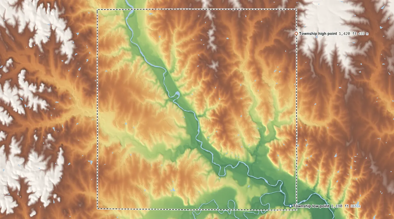Topographic elevation map of Franklin Township, Washington County, Kansas, shaded from 1,190 ft on the southeast side to 1,420 ft on the northeast side