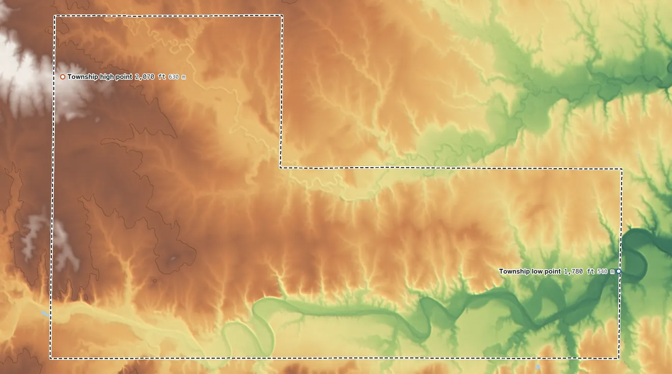 Topographic elevation map of Freedom Township, Ellis County, Kansas, shaded from 1,780 ft on the east side to 2,070 ft on the west side