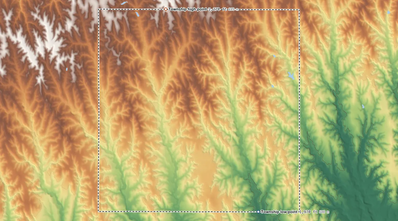 Topographic elevation map of Freedom Township, Phillips County, Kansas, shaded from 1,970 ft on the southeast side to 2,270 ft on the north side