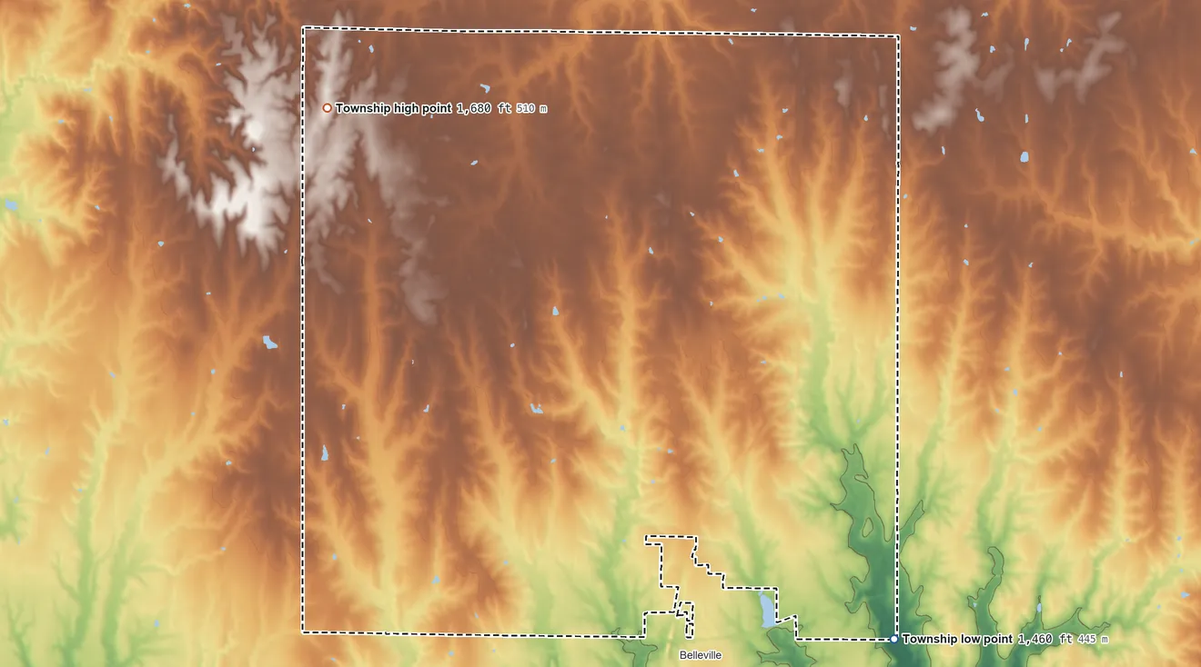 Topographic elevation map of Freedom Township, Republic County, Kansas, shaded from 1,460 ft on the southeast side to 1,680 ft on the northwest side