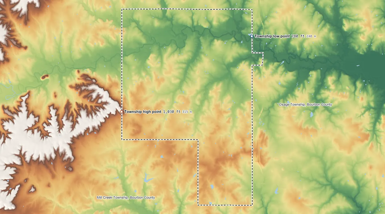 Topographic elevation map of Freedom Township, Kansas, shaded from 780 ft on the northeast side to 1,030 ft on the west side