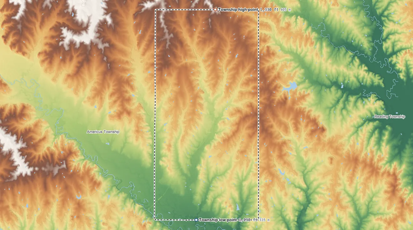 Topographic elevation map of Fremont Township, Kansas, shaded from 1,090 ft on the south side to 1,330 ft on the north side