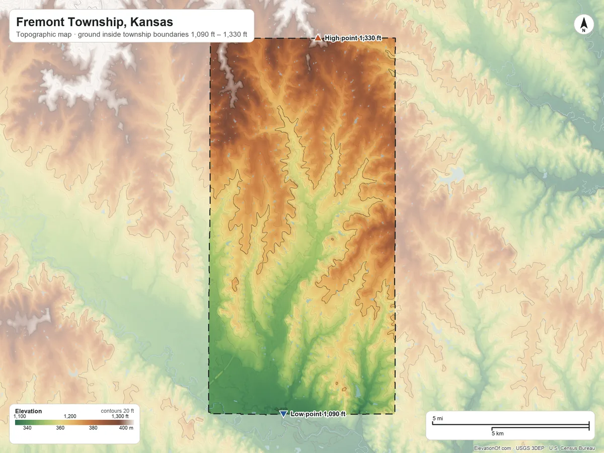 Topographic elevation map of Fremont Township, Kansas, shaded from 1,090 ft on the south side to 1,330 ft on the north side