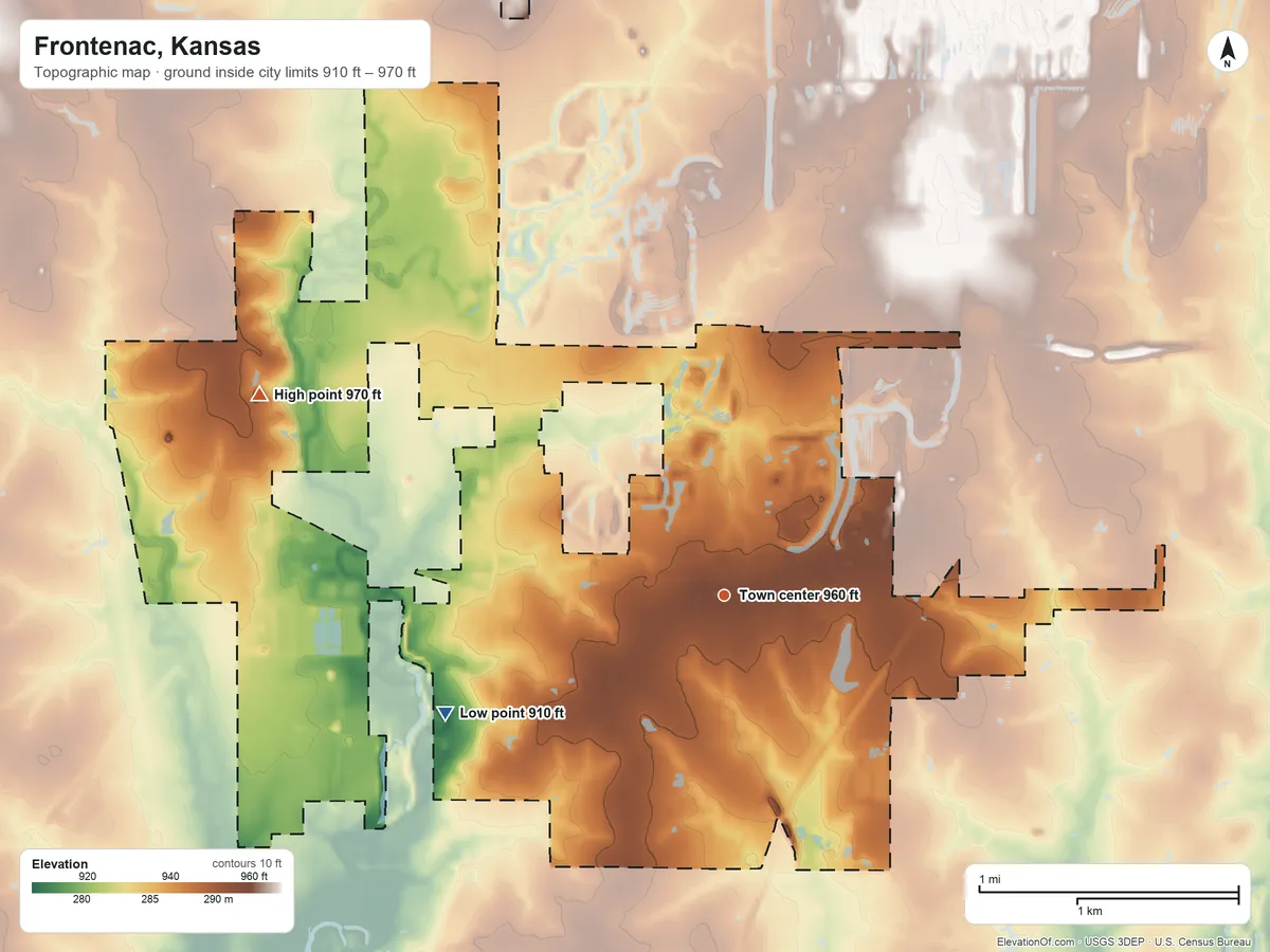 Topographic elevation map of Frontenac, Kansas, shaded from 910 ft on the southwest side to 970 ft on the northwest side