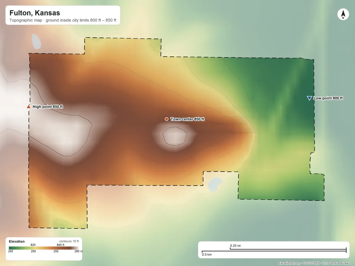 Topographic elevation map of Fulton, Kansas, shaded from 800 ft on the east side to 850 ft on the west side