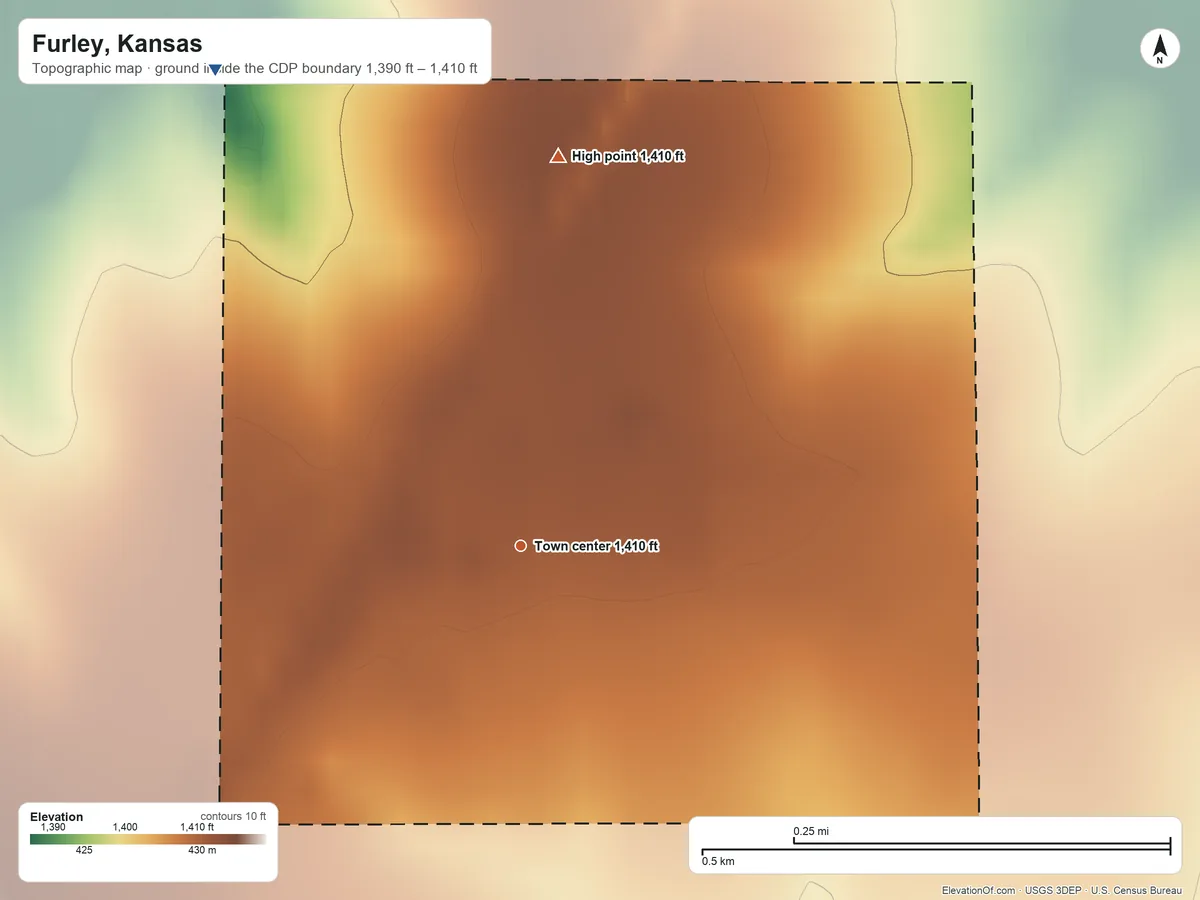 Topographic elevation map of Furley, Kansas, shaded from 1,390 ft on the northwest side to 1,410 ft on the north side