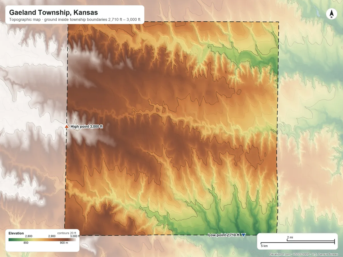 Topographic elevation map of Gaeland Township, Kansas, shaded from 2,710 ft on the south side to 3,000 ft on the west side