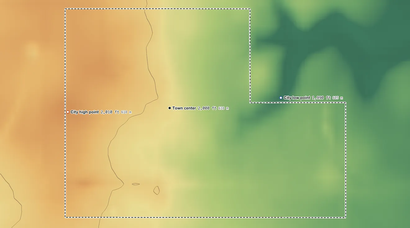 Topographic elevation map of Galatia, Kansas, shaded from 1,990 ft on the east side to 2,010 ft on the west side