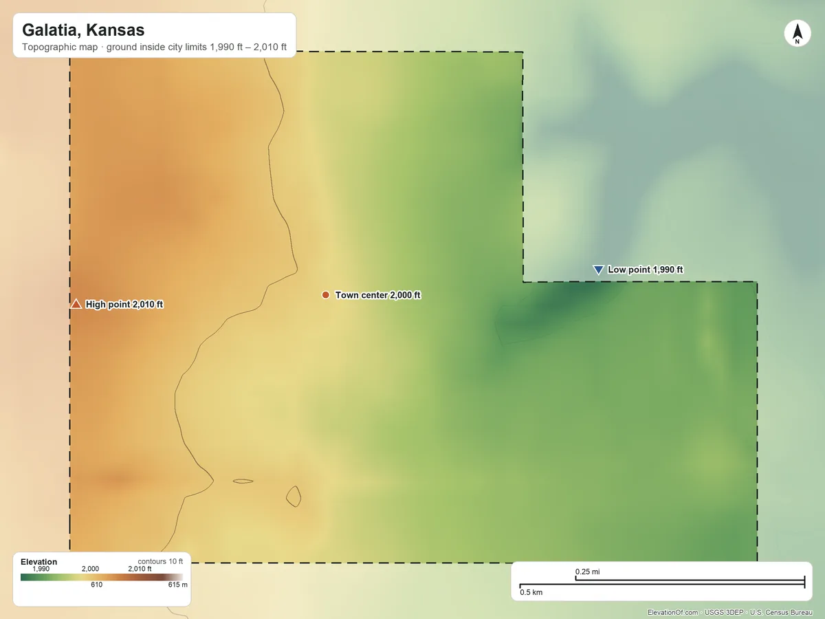 Topographic elevation map of Galatia, Kansas, shaded from 1,990 ft on the east side to 2,010 ft on the west side