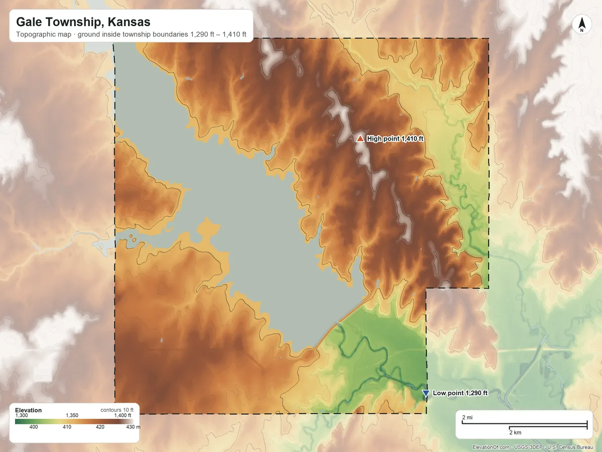Topographic elevation map of Gale Township, Kansas, shaded from 1,290 ft on the southeast side to 1,410 ft on the north side