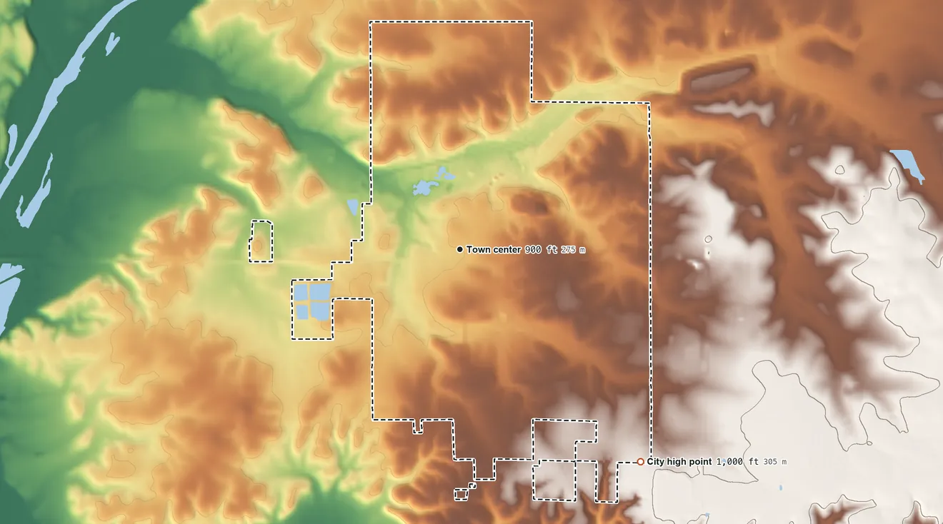 Topographic elevation map of Galena, Kansas, shaded from 820 ft on the south side to 1,000 ft on the southeast side