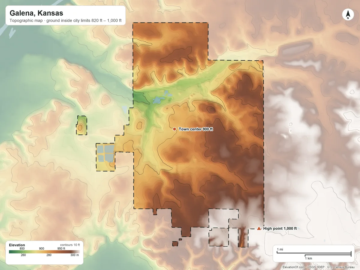 Topographic elevation map of Galena, Kansas, shaded from 820 ft on the south side to 1,000 ft on the southeast side