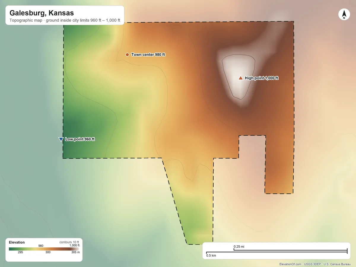 Topographic elevation map of Galesburg, Kansas, shaded from 960 ft on the southwest side to 1,000 ft on the east side