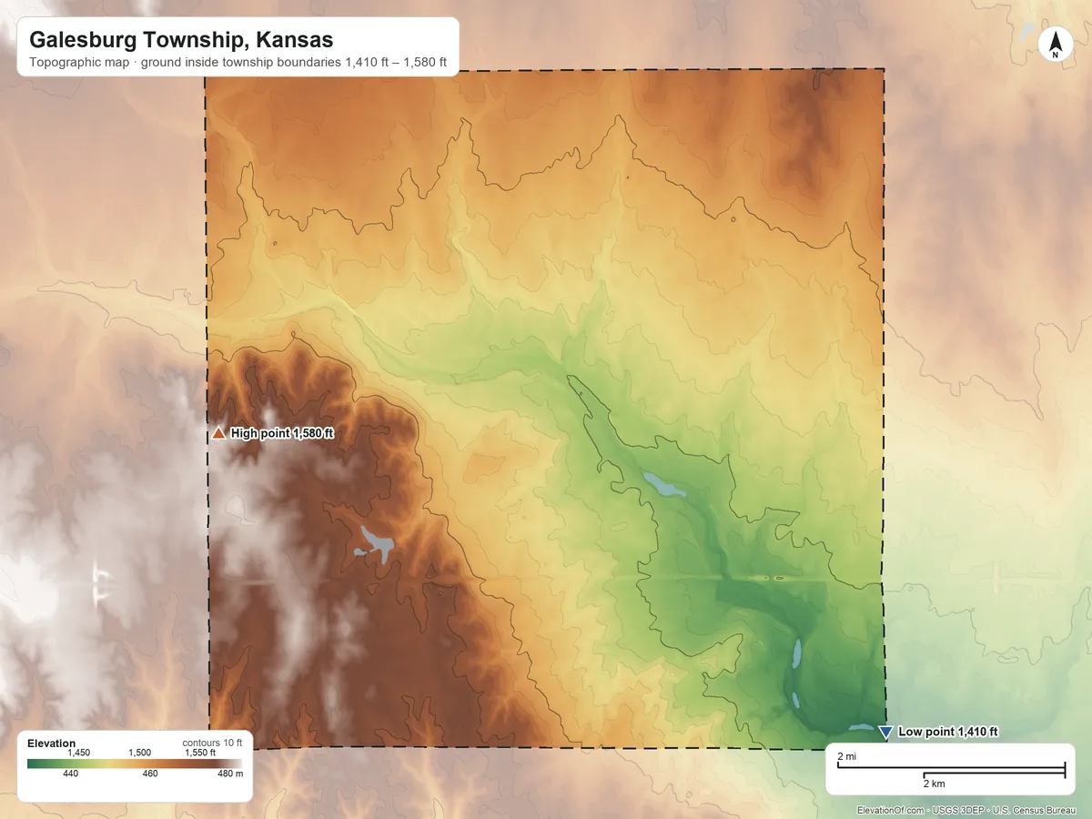 Topographic elevation map of Galesburg Township, Kansas, shaded from 1,410 ft on the southeast side to 1,580 ft on the west side