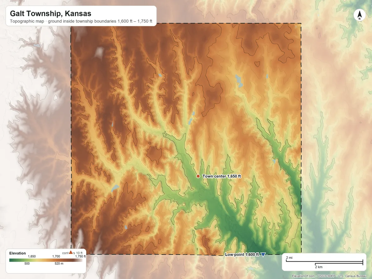 Topographic elevation map of Galt Township, Kansas, shaded from 1,600 ft on the southeast side to 1,750 ft on the southwest side