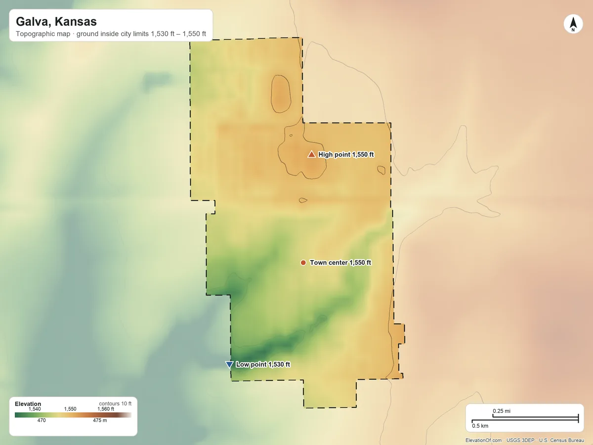 Topographic elevation map of Galva, Kansas, shaded from 1,530 ft on the southwest side to 1,550 ft on the north side